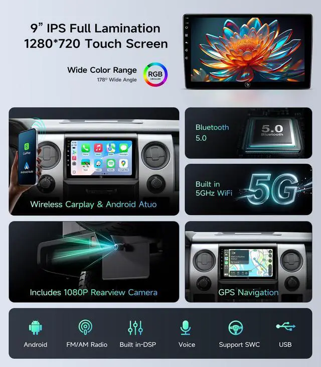Alt view image 5 of 7 - Car Radio Stereo for Ford F150 2009-2014, Wireless CarPlay Android Auto | 9 Inch HD touchscreen, 5G WiFi GPS Navigation, phone link, Bluetooth FM AM AM SWC, 1080P backup camera