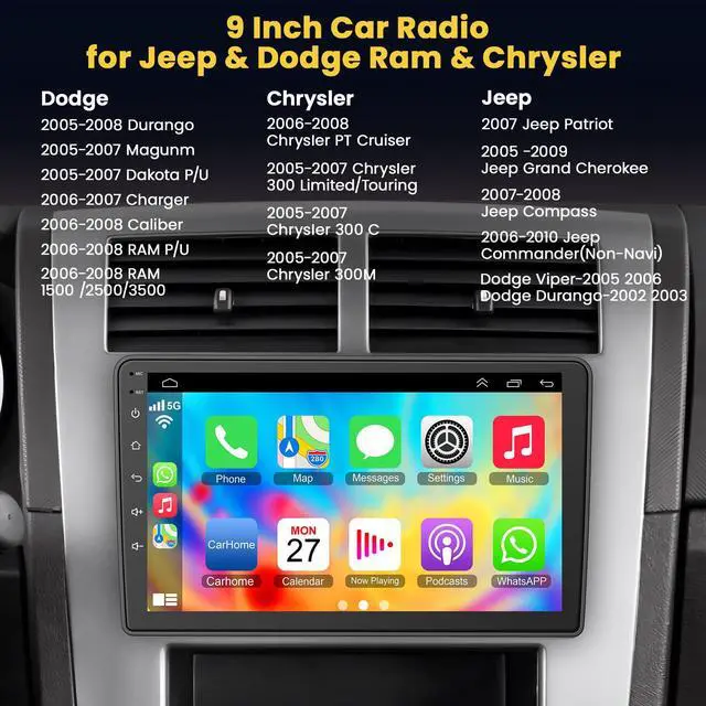 Alt view image 2 of 7 - 4GB RAM + 64GB ROM Android Car Radio for Dodge Ram 1500/2500/3500 2006 2007 2008, for Dodge Durango 2005 2006 2007 2008, 9" Touchscreen with Wireless Carplay & Android Auto & Bluetooth