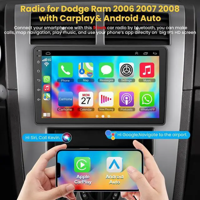 Alt view image 3 of 7 - 4GB RAM + 64GB ROM Android Car Radio for Dodge Ram 1500/2500/3500 2006 2007 2008, for Dodge Durango 2005 2006 2007 2008, 9" Touchscreen with Wireless Carplay & Android Auto & Bluetooth