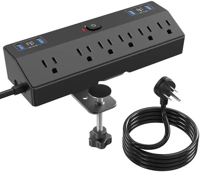 Main image of Desk Clamp Power Strip 6FT with 40W USB C Ports, Flat Plug Desk Mount Power Strip Surge Protector, Removable Extension Cord with 2 USB-C Ports 6 Outlets, Fits 1.8" Tabletop Edge, Black