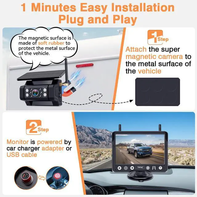 Alt view image 2 of 7 - Wireless Backup Camera Magnetic for Truck: 1 Minute Easy Install HD 1080P | Rear View Camera Solar - Portable Rechargeable 5 Inch Monitor System for Car Truck SUV RV Trailer Camper Y02