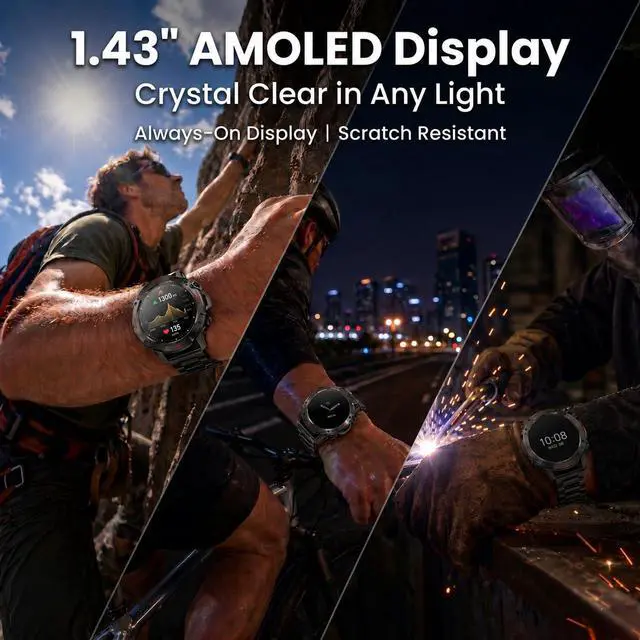Alt view image 2 of 7 - Rugged Smart Watch for Men, 1.43" AMOLED 5ATM Waterproof, 2 Bands | Bluetooth Calling, Fitness Tracker, 15-Day Battery, 178+ Sports Modes, Heart Rate, Sleep & SpO2 Monitor, For Android & iPhone