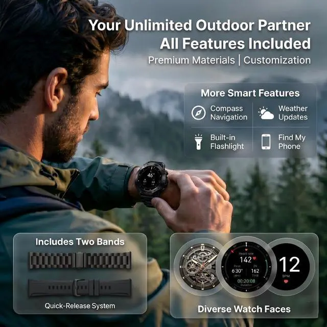 Alt view image 5 of 7 - Rugged Smart Watch for Men, 1.43" AMOLED 5ATM Waterproof, 2 Bands | Bluetooth Calling, Fitness Tracker, 15-Day Battery, 178+ Sports Modes, Heart Rate, Sleep & SpO2 Monitor, For Android & iPhone