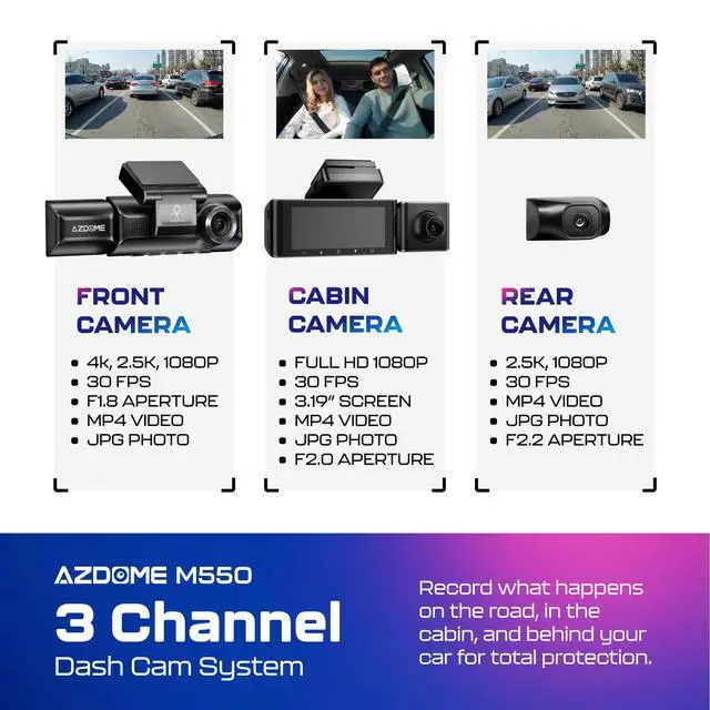 Alt view image 2 of 7 - M550 Three-Channel 4K Dash Cam, 3.19" Screen, Interior IR Camera | IR Night Vision, 24H Parking Mode, Built-In GPS and WiFi, Three-Mode Parking Monitor, Three-Channel Recording
