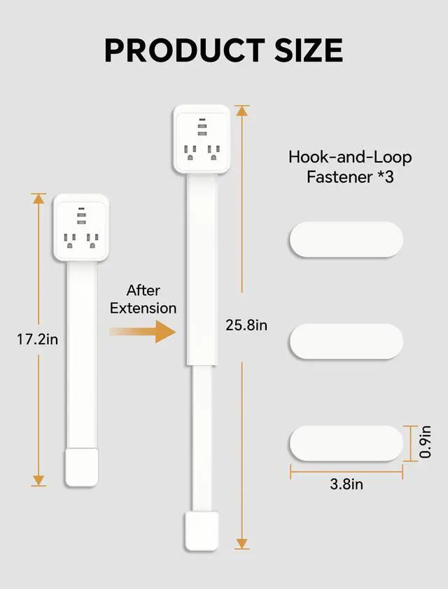 Alt view image 2 of 7 - Outlet Extender Stick 17.2''25.8'' Adjustable with USB C & 2 USB Ports, Electrical Outlet Extender with 2 AC Outlets, Flexible Rotat Plug for Multi-Angle Use in Home, Office, RV Tight Spaces