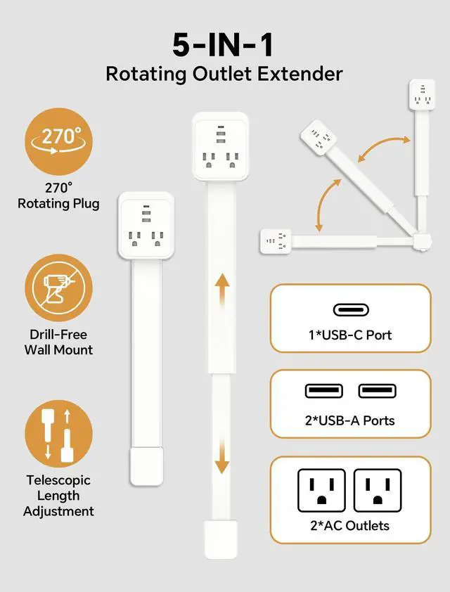 Alt view image 3 of 7 - Outlet Extender Stick 17.2''25.8'' Adjustable with USB C & 2 USB Ports, Electrical Outlet Extender with 2 AC Outlets, Flexible Rotat Plug for Multi-Angle Use in Home, Office, RV Tight Spaces