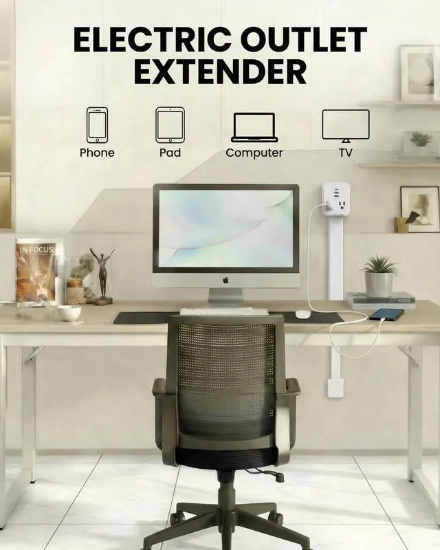 Alt view image 6 of 7 - Outlet Extender Stick 17.2''25.8'' Adjustable with USB C & 2 USB Ports, Electrical Outlet Extender with 2 AC Outlets, Flexible Rotat Plug for Multi-Angle Use in Home, Office, RV Tight Spaces
