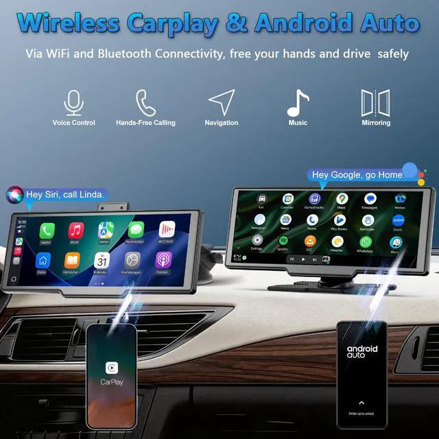 Alt view image 2 of 7 - Portable Wireless Carplay Screen with Dashcam - 10.26 Inch Car Play Tablet with 4K Front Dash Cam & 1080P Rearview Backup Camera, Bluetooth 5.0, FM, Voice Assistant, with 64GB TF Card