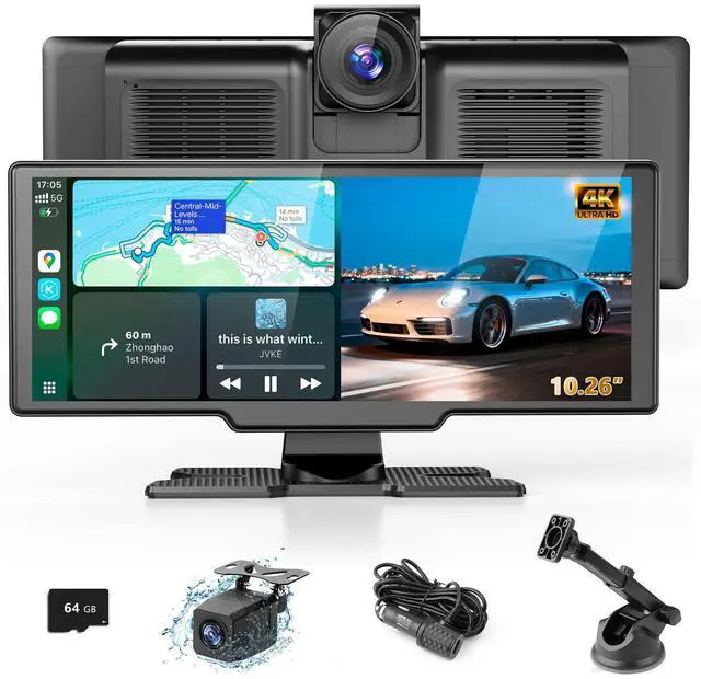 Main image of Portable Wireless Carplay Screen with Dashcam - 10.26 Inch Car Play Tablet with 4K Front Dash Cam & 1080P Rearview Backup Camera, Bluetooth 5.0, FM, Voice Assistant, with 64GB TF Card