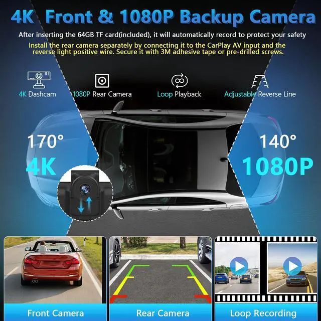 Alt view image 3 of 7 - Portable Wireless Carplay Screen with Dashcam - 10.26 Inch Car Play Tablet with 4K Front Dash Cam & 1080P Rearview Backup Camera, Bluetooth 5.0, FM, Voice Assistant, with 64GB TF Card