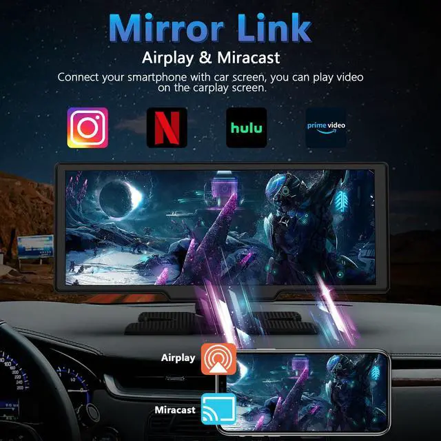 Alt view image 5 of 7 - Portable Wireless Carplay Screen with Dashcam - 10.26 Inch Car Play Tablet with 4K Front Dash Cam & 1080P Rearview Backup Camera, Bluetooth 5.0, FM, Voice Assistant, with 64GB TF Card
