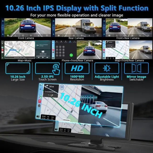 Alt view image 6 of 7 - Portable Wireless Carplay Screen with Dashcam - 10.26 Inch Car Play Tablet with 4K Front Dash Cam & 1080P Rearview Backup Camera, Bluetooth 5.0, FM, Voice Assistant, with 64GB TF Card