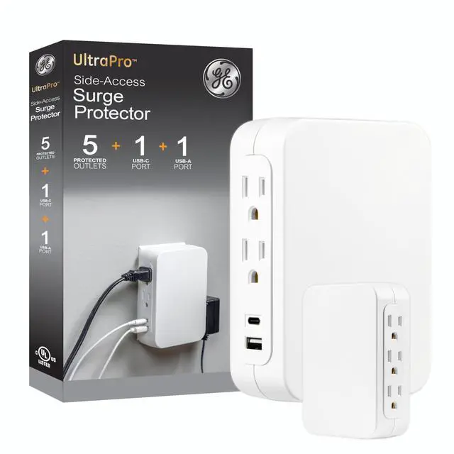 Main image of USB C 5 Outlet Extender, Side-Access, Wall Tap Sur Protector | Multi-Plug, USB A, 3-Prong, Secure Install, White, 83503