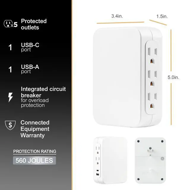 Alt view image 2 of 6 - USB C 5 Outlet Extender, Side-Access, Wall Tap Sur Protector | Multi-Plug, USB A, 3-Prong, Secure Install, White, 83503