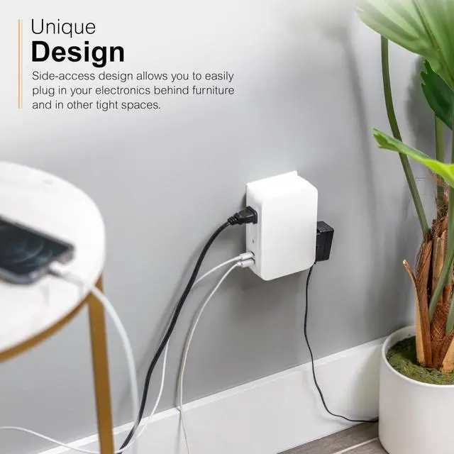 Alt view image 3 of 6 - USB C 5 Outlet Extender, Side-Access, Wall Tap Sur Protector | Multi-Plug, USB A, 3-Prong, Secure Install, White, 83503