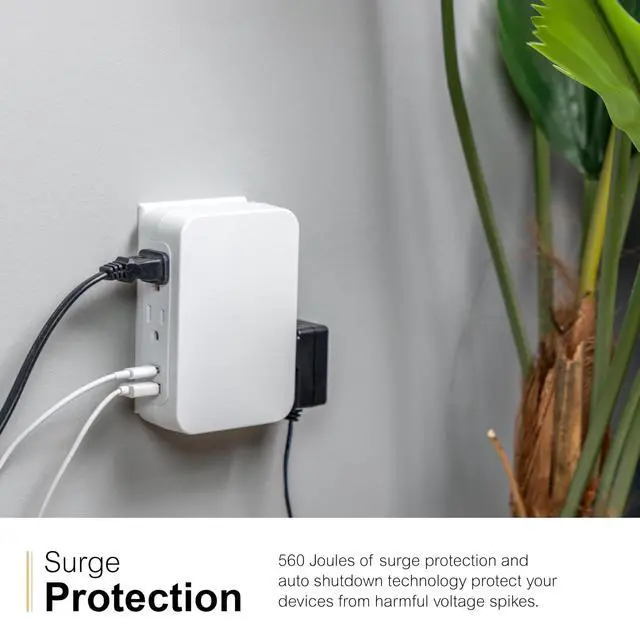 Alt view image 4 of 6 - USB C 5 Outlet Extender, Side-Access, Wall Tap Sur Protector | Multi-Plug, USB A, 3-Prong, Secure Install, White, 83503