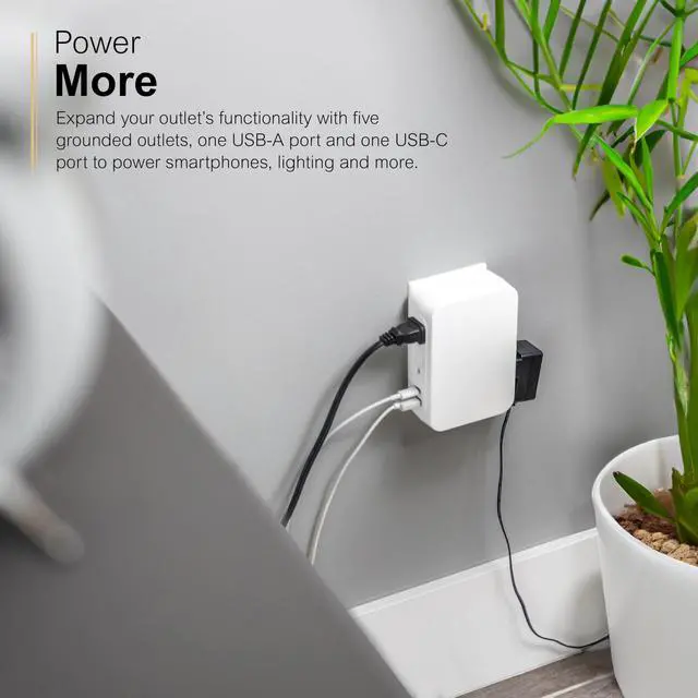Alt view image 5 of 6 - USB C 5 Outlet Extender, Side-Access, Wall Tap Sur Protector | Multi-Plug, USB A, 3-Prong, Secure Install, White, 83503