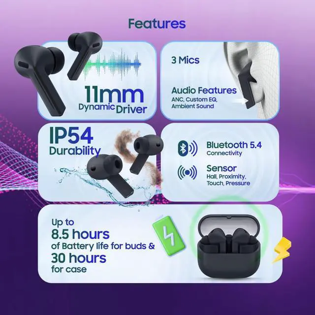 Alt view image 2 of 6 - Galaxy Buds 3-FE (2025) True Wireless Bluetooth Earbuds, Active Noise Cancellation, Clear Calls, Long Lasting Battery, Hands Free AI, Latin American Stock SM-R420NZKALTA - (Black)