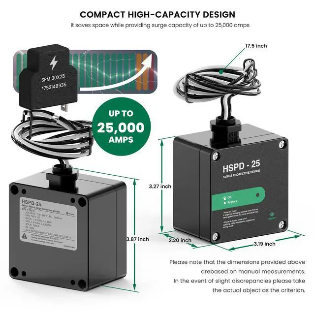 Alt view image 3 of 6 - HSPD Square Whole Home Surge Protective Device, Type 1 SPD, Whole House Surge Protector, AC Surge Protection, 120/240VAC (HSPD-25)