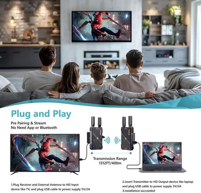 Alt view image 2 of 7 - Wireless HDMI Transmitter and Receiver: 1312ft Plug&Play HDMI Wireless Extender Kit 1080P with LoopOut and Support IR Remote Control Streaming from PC,Camera,Laptop,Netflix to HDTV/Projector/DSLR