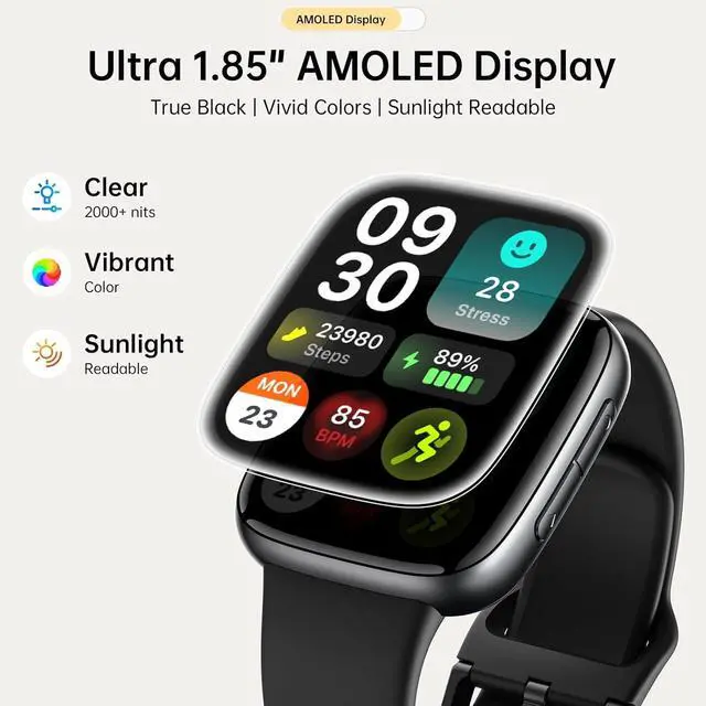 Alt view image 2 of 7 - Smart Watch for Women Men (2 Bands), 1.85" AMOLED Smartwatch for iPhone & Android Phones, Heart Rate/ SpO2/ Sleep Monitor, 3ATM Waterproof, Calls & Messages, 120+ Sports Modes Fitness Tracker