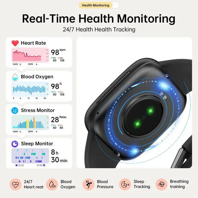 Alt view image 4 of 7 - Smart Watch for Women Men (2 Bands), 1.85" AMOLED Smartwatch for iPhone & Android Phones, Heart Rate/ SpO2/ Sleep Monitor, 3ATM Waterproof, Calls & Messages, 120+ Sports Modes Fitness Tracker