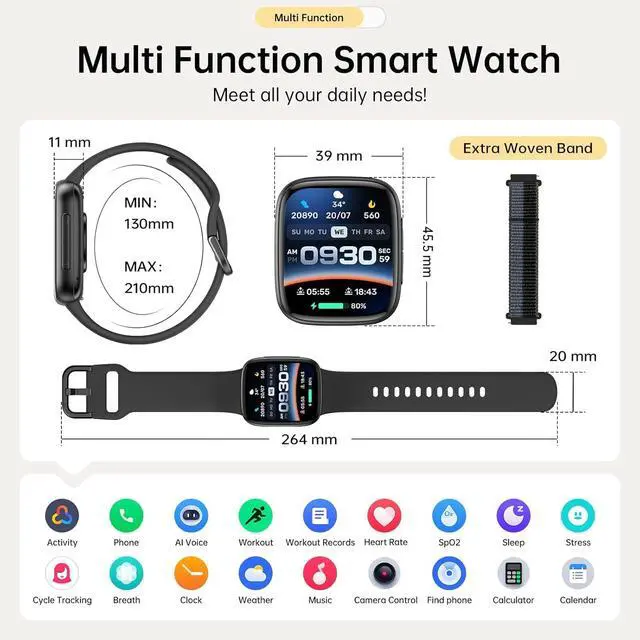 Alt view image 7 of 7 - Smart Watch for Women Men (2 Bands), 1.85" AMOLED Smartwatch for iPhone & Android Phones, Heart Rate/ SpO2/ Sleep Monitor, 3ATM Waterproof, Calls & Messages, 120+ Sports Modes Fitness Tracker