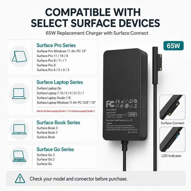 Alt view image 2 of 7 - 65W Surface Pro Charger Compatible with Microsoft Surface Pro 11/10/9/8/7+/7/6/5/4/3/X, Surface Laptop 7/6/5/4/3/2/1, Surface Go 4/3/2/1, Surface Book 3/2/1, 10FT Power Adapter with USB Port