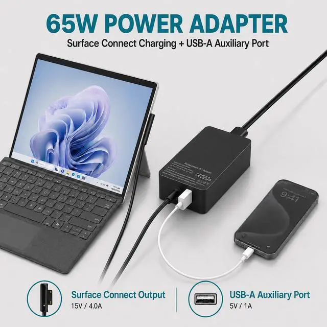 Alt view image 3 of 7 - 65W Surface Pro Charger Compatible with Microsoft Surface Pro 11/10/9/8/7+/7/6/5/4/3/X, Surface Laptop 7/6/5/4/3/2/1, Surface Go 4/3/2/1, Surface Book 3/2/1, 10FT Power Adapter with USB Port