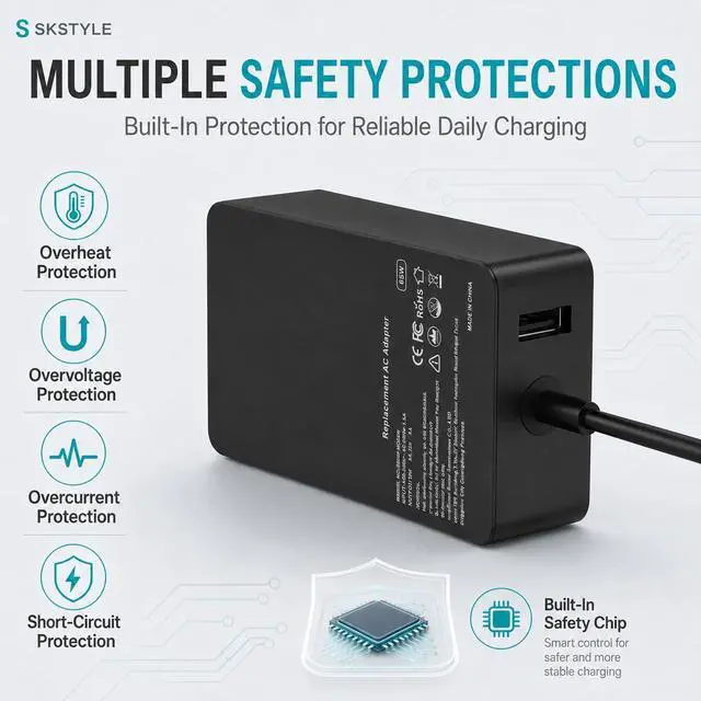 Alt view image 5 of 7 - 65W Surface Pro Charger Compatible with Microsoft Surface Pro 11/10/9/8/7+/7/6/5/4/3/X, Surface Laptop 7/6/5/4/3/2/1, Surface Go 4/3/2/1, Surface Book 3/2/1, 10FT Power Adapter with USB Port