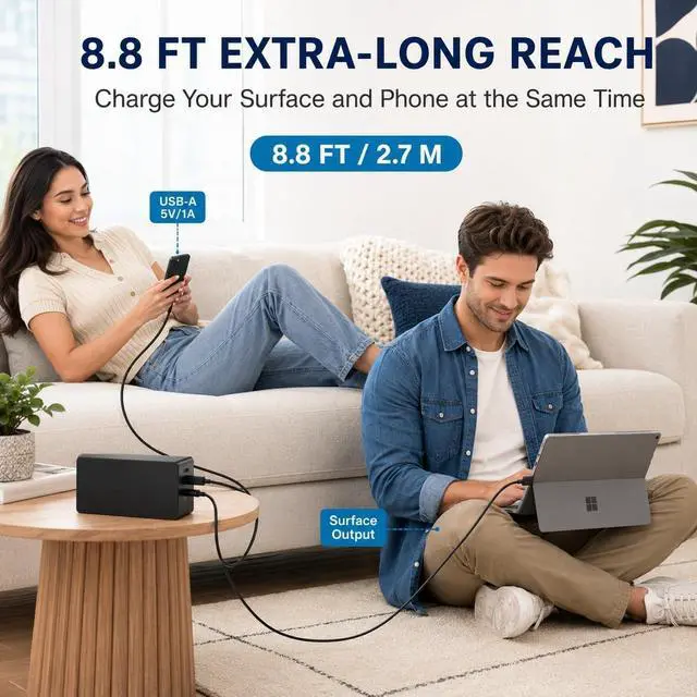 Alt view image 6 of 7 - 65W Surface Pro Charger Compatible with Microsoft Surface Pro 11/10/9/8/7+/7/6/5/4/3/X, Surface Laptop 7/6/5/4/3/2/1, Surface Go 4/3/2/1, Surface Book 3/2/1, 10FT Power Adapter with USB Port