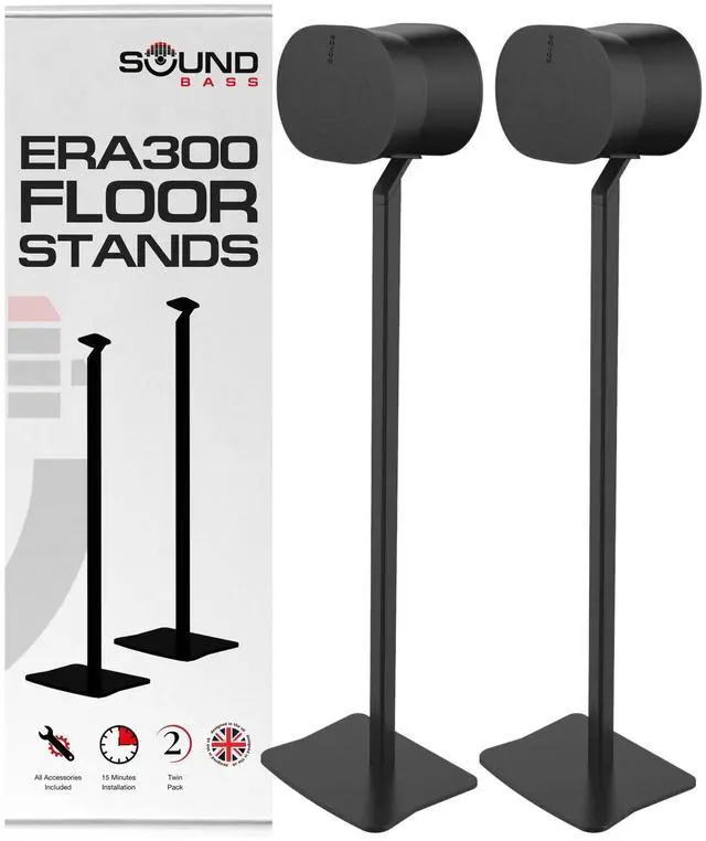 Main image of ERA300 Floor Stand, Twin (2pcs), Black, Premium Metal Design | Compatible with Sonos ERA 300 Speaker, Accessories Included, Cable Management, UK Design, Height 39in / 990mm, Double, Pair