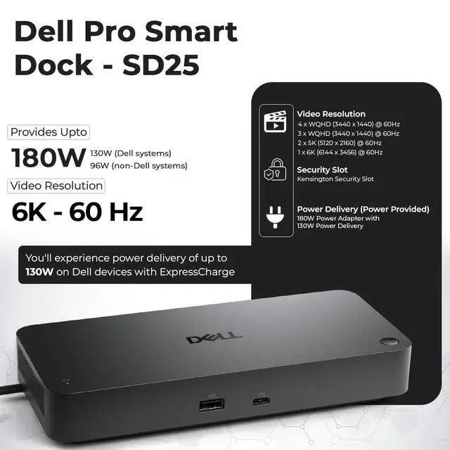 Alt view image 3 of 7 - Dell Pro Smart Dock SD25 Bundle - 10Gbps, Supports Dual/Triple Monitors & 4K Displays with 180W Power Supply, HDMI, DisplayPort, USB C Cable, Cloth - Docking Station