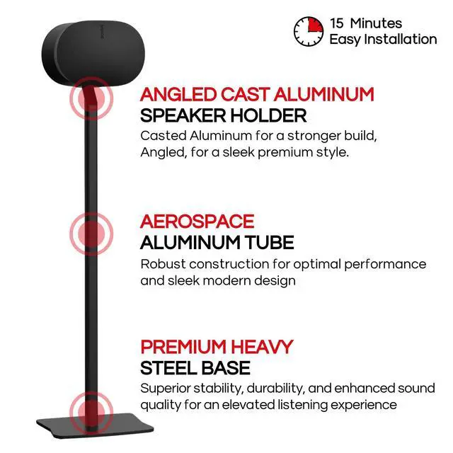 Alt view image 7 of 7 - ERA300 Floor Stand, Twin (2pcs), Black, Premium Metal Design | Compatible with Sonos ERA 300 Speaker, Accessories Included, Cable Management, UK Design, Height 39in / 990mm, Double, Pair