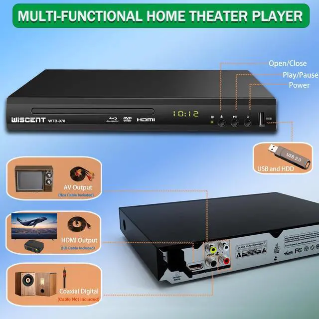 Alt view image 4 of 7 - Blu Ray DVD Player, Full HD 1080p Home Theater Disc System, Region A/1 Blu-Rays,HD Blu-Ray DVD Player for TV with Coaxial Audio/HDMI/AV/Output, USB Input, Built-in PAL NTSC