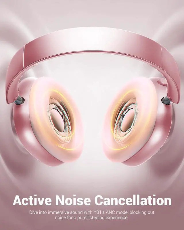 Alt view image 3 of 7 - Y01 Wireless Noise Canceling Headphones Bluetooth 5.3 Over Ear Headphones with Microphone, Hi-Res Audio, 48H Playtime, Foldable Comfortable Earpads,Compatible with iOS,Android,PC, Pink