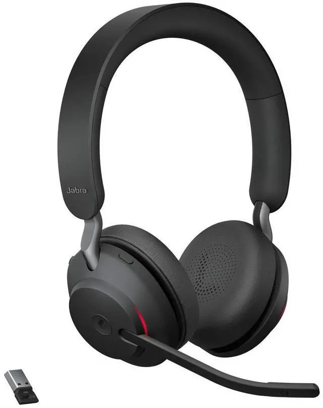 Main image of Evolve2 65 Bluetooth Wireless Headset with Mic for Calls and Music, Dual-Ear Headphones with USB-A Adapter, Up to 37 Hours Battery, Noise-Cancelling, Works with Online Meeting Apps, Black (193)