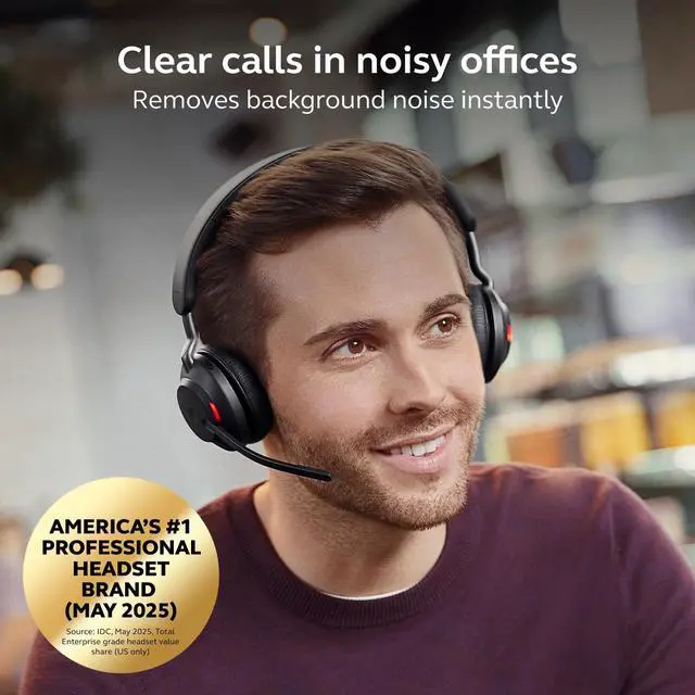 Alt view image 3 of 7 - Evolve2 65 Bluetooth Wireless Headset with Mic for Calls and Music, Dual-Ear Headphones with USB-A Adapter, Up to 37 Hours Battery, Noise-Cancelling, Works with Online Meeting Apps, Black (193)