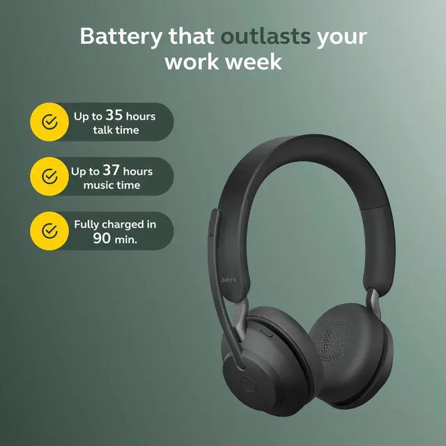 Alt view image 6 of 7 - Evolve2 65 Bluetooth Wireless Headset with Mic for Calls and Music, Dual-Ear Headphones with USB-A Adapter, Up to 37 Hours Battery, Noise-Cancelling, Works with Online Meeting Apps, Black (193)