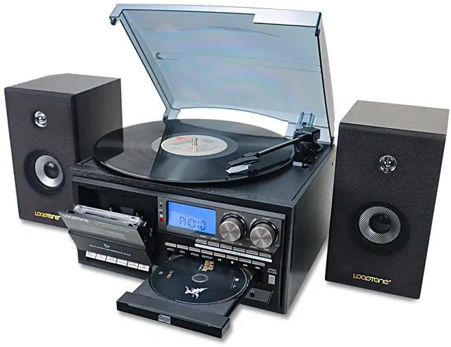 Main image of Vinyl Record Player with Dual 15W External Speakers 10 in 1 3 Speed Bluetooth Vintage Turntable CD Cassette Player AM/FM Radio USB Recorder Aux-in RCA Line-Out (Black)