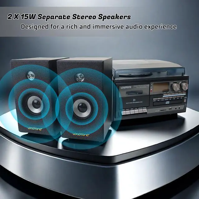 Alt view image 3 of 7 - Vinyl Record Player with Dual 15W External Speakers 10 in 1 3 Speed Bluetooth Vintage Turntable CD Cassette Player AM/FM Radio USB Recorder Aux-in RCA Line-Out (Black)