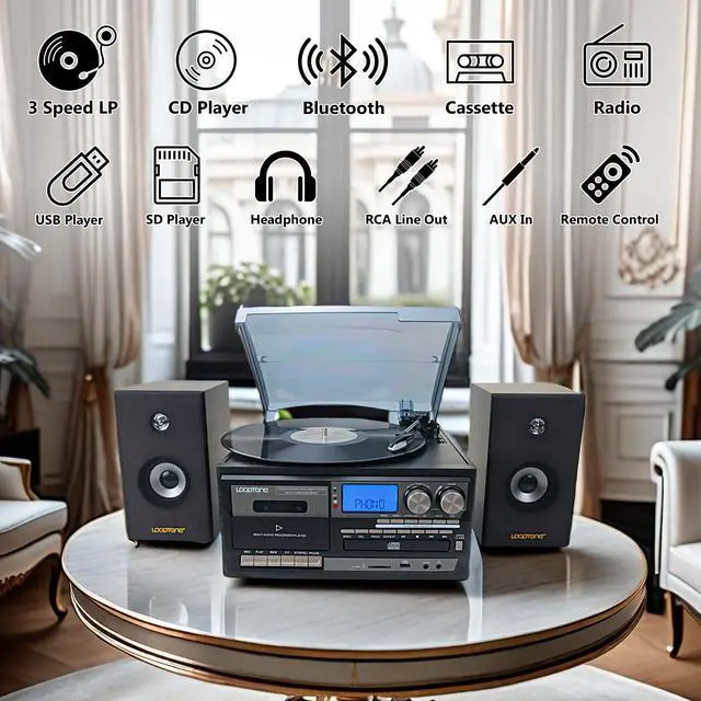 Alt view image 2 of 7 - Vinyl Record Player with Dual 15W External Speakers 10 in 1 3 Speed Bluetooth Vintage Turntable CD Cassette Player AM/FM Radio USB Recorder Aux-in RCA Line-Out (Black)