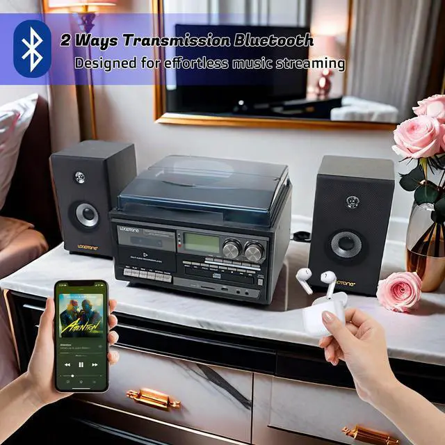 Alt view image 4 of 7 - Vinyl Record Player with Dual 15W External Speakers 10 in 1 3 Speed Bluetooth Vintage Turntable CD Cassette Player AM/FM Radio USB Recorder Aux-in RCA Line-Out (Black)