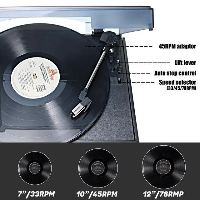 Alt view image 6 of 7 - Vinyl Record Player with Dual 15W External Speakers 10 in 1 3 Speed Bluetooth Vintage Turntable CD Cassette Player AM/FM Radio USB Recorder Aux-in RCA Line-Out (Black)