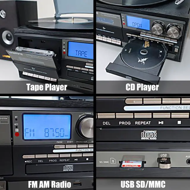 Alt view image 7 of 7 - Vinyl Record Player with Dual 15W External Speakers 10 in 1 3 Speed Bluetooth Vintage Turntable CD Cassette Player AM/FM Radio USB Recorder Aux-in RCA Line-Out (Black)