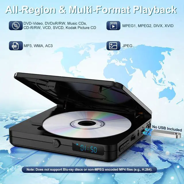 Alt view image 2 of 7 - Mini DVD Player with Remote Control - All Region Free 1080P HD Small Compact CD DVD Player for Smart TV & Projector, Features HDMI Output, Headphone Jack, USB 2.0 Input, PAL/NTSC Support
