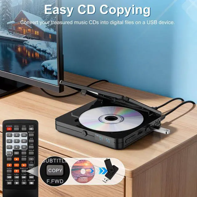 Alt view image 3 of 7 - Mini DVD Player with Remote Control - All Region Free 1080P HD Small Compact CD DVD Player for Smart TV & Projector, Features HDMI Output, Headphone Jack, USB 2.0 Input, PAL/NTSC Support