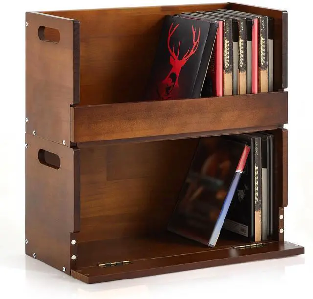 Main image of 2 Pack Wooden DVD Storage Organizer Boxes, Holds 52 DVDs,Brown | 26 Each, Solid Wood Media Storage with Carry Handles for DVDs, CDs, Blu-ray Discs, Movie Cases and Cassette Tapes