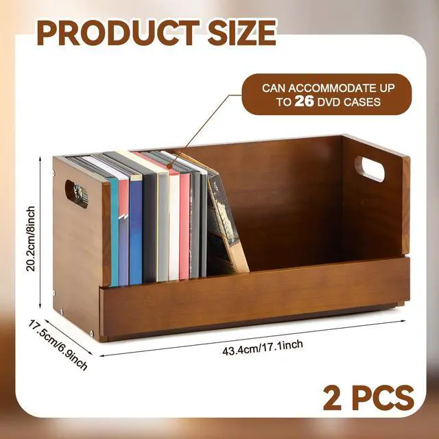 Alt view image 2 of 7 - 2 Pack Wooden DVD Storage Organizer Boxes, Holds 52 DVDs,Brown | 26 Each, Solid Wood Media Storage with Carry Handles for DVDs, CDs, Blu-ray Discs, Movie Cases and Cassette Tapes
