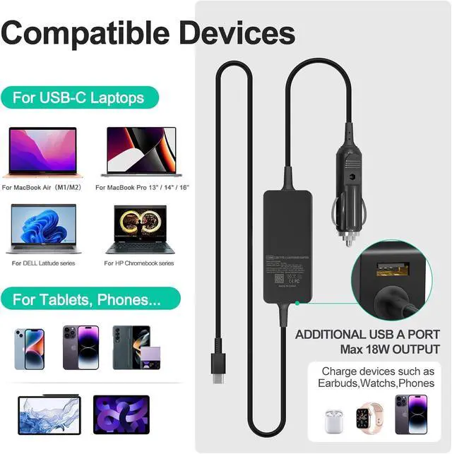 Alt view image 4 of 7 - 100W Laptop Car Charger USB C Car Charger for Dell Latitude/Precision/XPS, Compatible MacBook Pro/Air,HP Spectre/Elitebook,Samsung Galaxy,Asus,acer,Lenovo ThinkPad/Yoga/Idea Car Laptop Charger